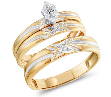 Diamond Rings Set Engagement Wedding Bands Yellow Gold Men Lady .11ct