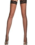 Yummy Bee Fishnet Stockings Hold Ups Black or White Lace Top Bridal (Black One Size)
