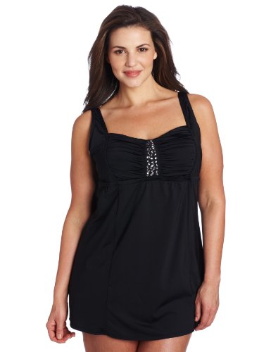Jantzen Women's Plus Size Bejeweled Swim Dress, Black, 24W