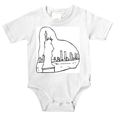 Onesie with buildings, "black and white", harbor, monument, "New York City", "Statue of Liberty"