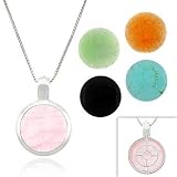 Genuine Green Jade, Rose Quartz, Red Jade, Onyx, and Simulated Blue Turquoise 5 Stone Sterling Silver .925 Round Eternity Filigree Reversible Pendant Jewelry Set