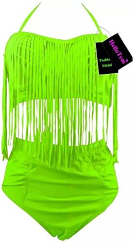 Newest Sexy Womens Two Pieces Plus Size Retro Tassel High Waist Bikini Vintage Swimsuit Green(Us Size 8-10) Xl Charming