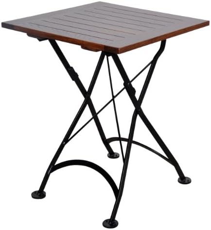 French Café Bistro Folding Table, Jet Black Frame, 24" x 24" x 29" Height, Square European Chestnut Wood Slat Top with Walnut Stain