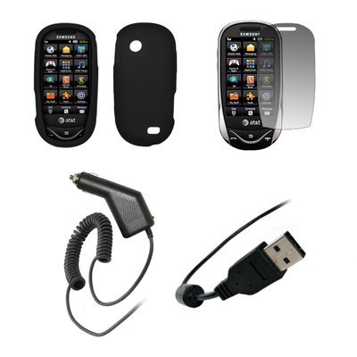 Samsung Sunburst - Premium Jet Black Soft Silicone Gel Skin Cover Case + Crystal Clear Screen Protector + Rapid Car Charger + USB Data Sync Charge Cable for Samsung Sunburst A697