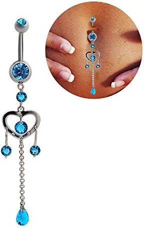 Mutreso Belly Button Navel Ring Surgical Steel Zirconia Crystal Chandelier Dangle Piercing Curved Barbell Long Dangle Navel Bar