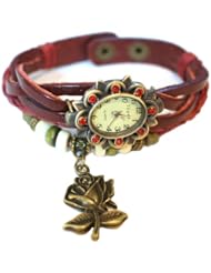 Dark Red Leather CZ Antique Gold Bronze Rose with Wood Beads Bohemian Bracelet wrist watch 7" to 8 1/4"
