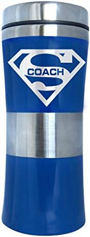 SUPER MUGS TM 15 Oz Insulated Travel Mug Stainless Steel &amp; Plastic Construction - Leak &amp; Spill-Proof Slider In Lid - "Super Coach" On Front - Fits Standard Auto Cup Holder - Great Team Gift! (1)