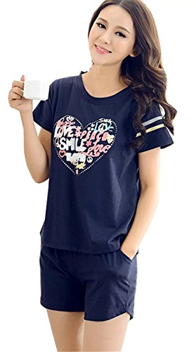 Betusline Women Short Sleeves Pajama Heart Printed Shorts Blue Casual