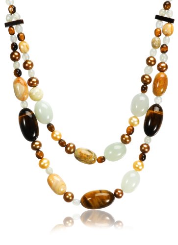 Sterling Silver Serpentine, Agate, Dyed Freshwater Cultured Pearl & Yellow Opal Necklace, 17