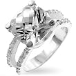 White Gold Rhodium Bonded Cocktail Ring With a 5ct Prong Set Asscher Cut Clear CZ Above a Double Band of Channel Set Round Cut Clear CZ