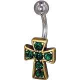 Pugster Belly Button Rings Gold Green Crystal Celtic Cross Birthstones Belly Navel Ring Body Jewelry