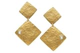 14K Yellow Gold Hammered-Finish Matte Diamond-Shape Drop Earrings, Enhanced with White Gold Bezel Set Diamonds.
