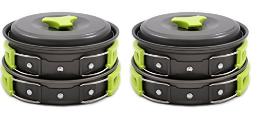 Camping Cookware Mess Kit Backpacking Gear & Hiking Outdoors Bug Out Bag Cooking Equipment 10 Piece Cookset | Lightweight, Compact, & Durable Pot Pan Bowls - Free Folding Spork, Nylon Bag, & Ebook