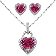 Sterling Silver Checkerboard Heart Created Pink Sapphire and Diamond Ring Pendant and Earring Box Set, Size 7