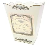 Retro Vintage Wastebasket ~WB13 ~Trashcan ~ Trash Bin ~ Trash Basket ~ Shabby Chic Ivory Enamel with Vintage French Perfume Label.