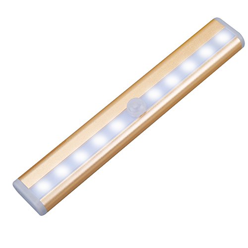 QPAU Stick-on Anywhere Portable Super Bright 10 LED Wireless Motion Sensing Closet Light Cabinet LED Night Light/Step Light/Stairs Light w 3M Magnetic Strip (Battery Operated)-Gold