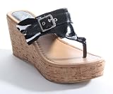 Zebra Buckle Open Toe T-strap Cork Wedge Sandal
