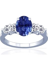 18K White Gold Oval Cut Blue Sapphire Ring With Sidestones