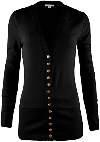 Susan Lazar Womens Basic Chic Long Sleeve Solid Snap Button V-neck Knit Cardigan 39_BLACK Small