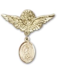 Gold Filled Baby Badge with St. Lazarus Charm and Angel with Wings Badge Pin