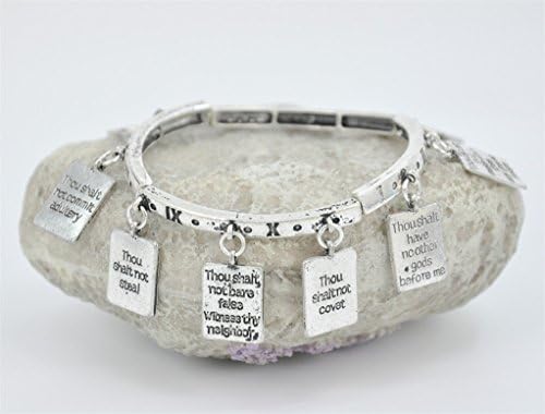 Handmade Ten Commandments Carved Square Shape Pendant Antique Style Stretch Metal Bracelet