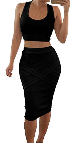 Hqclothingbox Women Sleeveless Sexy 2 Pieces Bodycon Bandage Evening Dress