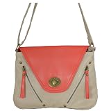 Flapover Shoulder / Cross Body Fashion Bag Beige & Coral