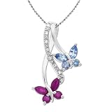 XPY Sterling Silver Blue Topaz, Pink Sapphire and Diamond Butterfly Bypass Pendant (0.02 cttw, I-J Color, I3 Clarity), 18
