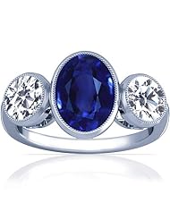 18K White Gold Oval Cut Blue Sapphire Three Stone Ring