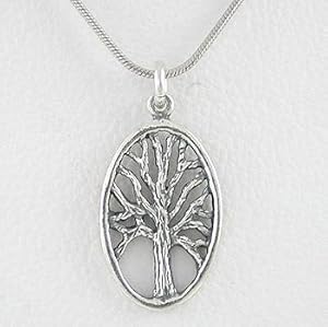 Oval Tree of Life Pendant in Sterling Silver on 16" Rhodium and Sterling Snake Chain, #8513