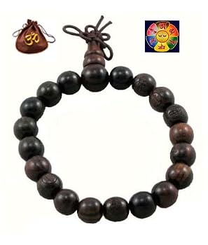 Tibetan Buddhist Wooden Prayer Beads Mala Bracelet with Hemp Om Bag