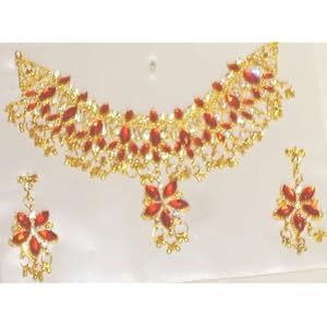 Genuine Gold Plated Simulated Red Rubies Short Chain Necklace and Earrings