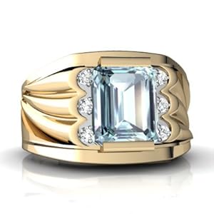14K Yellow Gold Emerald-cut Genuine Aquamarine Men's Men's Ring Size 11
