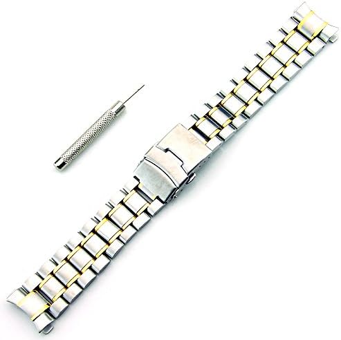 SINCEDA 20mm Curved End Double Button Fold Clasp Buckle Silver and Gold Stainless Steel Watch Band