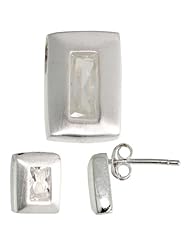 Sterling Silver Matte-finish Rectangular Earrings (9mm tall) & Pendant Slide (14mm tall) Set, w/ Emerald Cut CZ Stones
