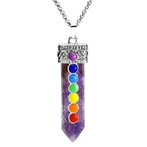 Beadnova 7 Chakra Amethyst Gemstone Pendant Crystal Gemstone Healing Point Sword of Life With 18