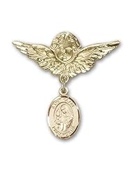 14K Gold Baby Badge with St. Clare of Assisi Charm and Angel with Wings Badge Pin