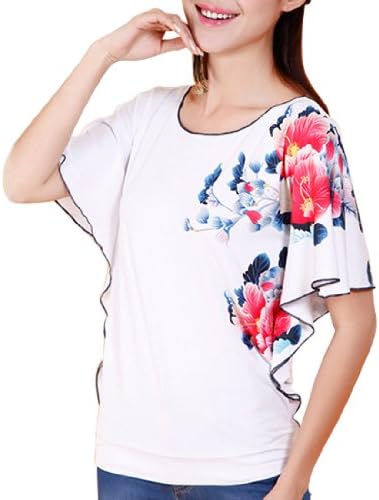 Sweet Brownie T Shirt Chinese Design Peony Print Butterfly Sleeve Loose White Tops