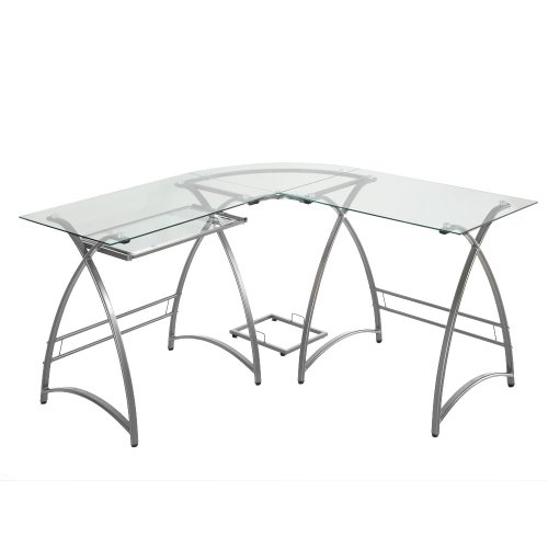 Check For Discount Price For L-Shaped Metal and Glass Computer Desk in Silver Finish