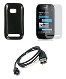 Nokia Lumia 710 (T-Mobile) Premium Combo Pack - Black Poly Skin TPU Gummy Case Cover + ATOM LED Keychain Light + Screen Protector + Micro USB Cable