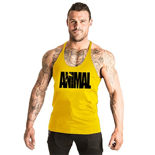 Men's BodyBuilding Y-back Tank Top Animal Stringer Gym Shirt Yellow XXL