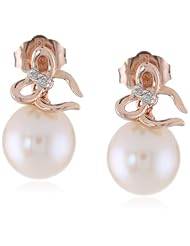 10K Rose Gold 8 - 8.5mm Freshwater Cultured Pearl and (0.016 cttw, G-H Color, I2-I3 Clarity) Diamond Earrings