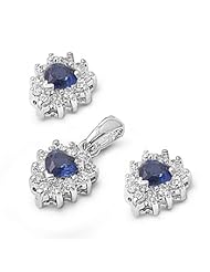 Sterling Silver Wreathed Blue Sapphire CZ Pendant with Earrings Jewelry Set with Clear CZ