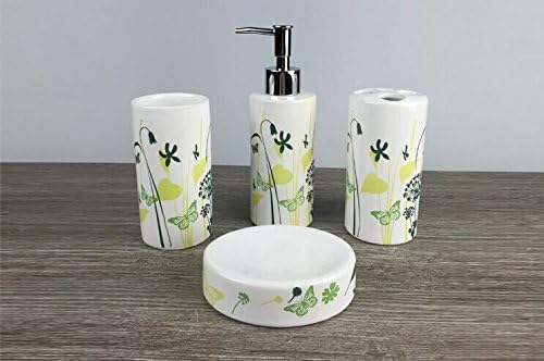 Green Btterfly 4 Piece Bath Ensemble, Ceramics Bathroom Accessories with Soap Dish, Lotion Dispenser, Toothbrush Holder & Tumblers, Gifts, Home Decoration
