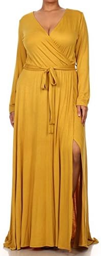 Plus Size Women's V Neck Sexy Wrap Long Sleeve Full Long Maxi Dress Mustard 1X
