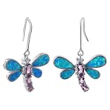 21 x 14mm Blue and Green Opal with Amethyst CZ Dragonfly Sterling Silver French Wire Dangle Earrings