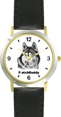 Siberian Husky (SC) Dog - WATCHBUDDY® CLASSIC DELUXE TWO-TONE THEME WATCH - Arabic Numbers-Black Leather Strap-Size-Large ( Men