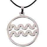 Zodiac Sign Necklace Aquarius Pendant Stainless Steel on Rubber Cord By Bucasi