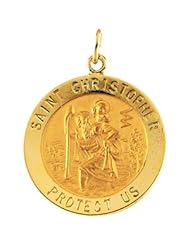 Round Saint Christopher Pendant in Solid Yellow Gold Protect Us Medal 20.00 MM 14 Karat Yellow