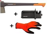 Fiskars 122484 Spaltaxt-Set X25 + Axt/Messerschärfer + Arbeitshandschuhe